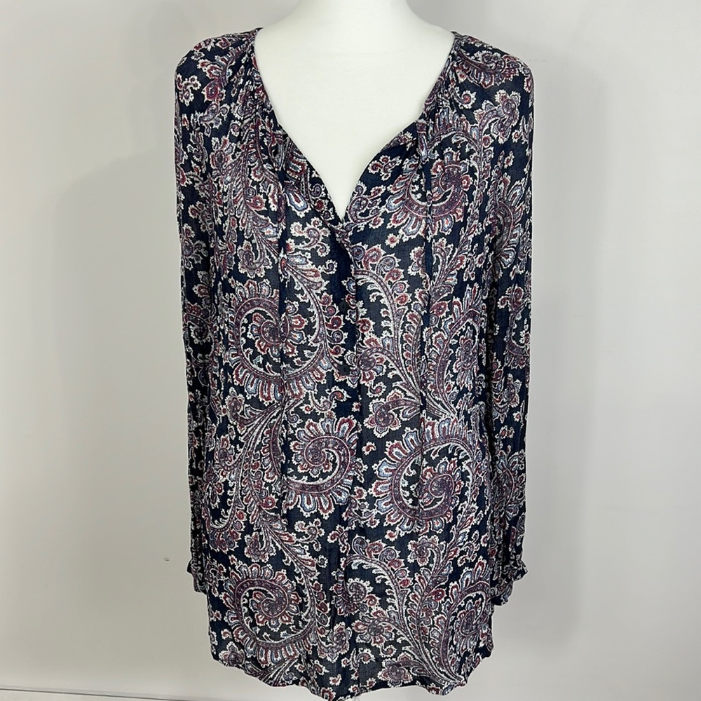 Lucky Brand Navy Paisley V-Neck Tunic with Pink Accents